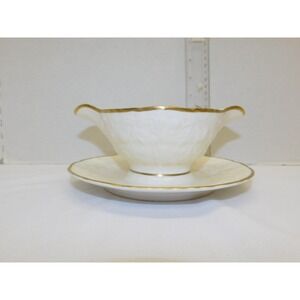 POPE GOSSER ROSE POINT GRAVY BOAT W/UND.PLATE GOLD TRIM